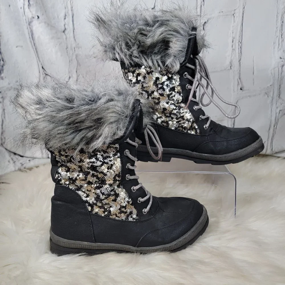 Justice Womens Sz 9 Sequin Snow Boots Faux Fur Vegan Winter Black Casual‎